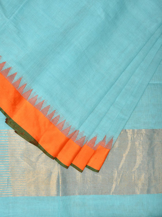 Turquoise Khadi Cotton Handloom Plain Saree with Temple Border Design kh0609