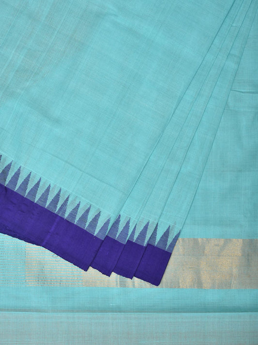 Turquoise Khadi Cotton Handloom Plain Saree with Temple Border Design kh0611