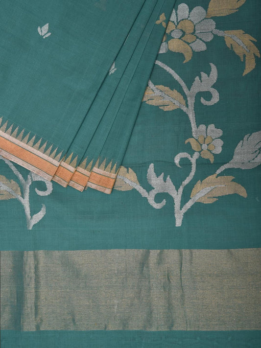Turquoise Khadi Cotton Handloom Saree with Floral Pallu Design kh0691