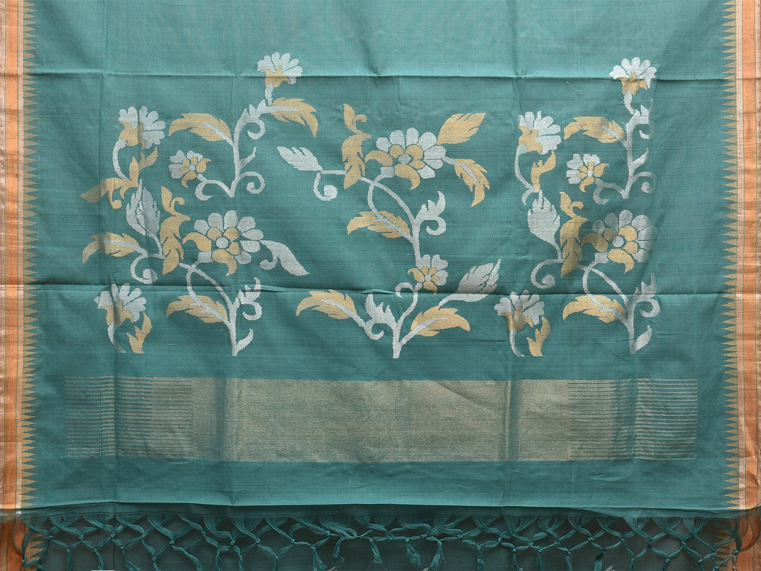 Turquoise Khadi Cotton Handloom Saree with Floral Pallu Design kh0691