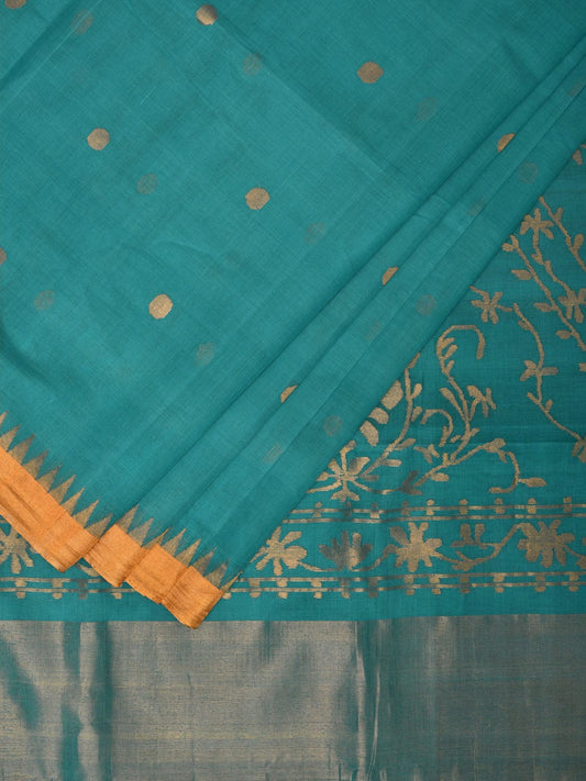 Turquoise Khadi Cotton Handloom Saree with Mango Pallu Design kh0598