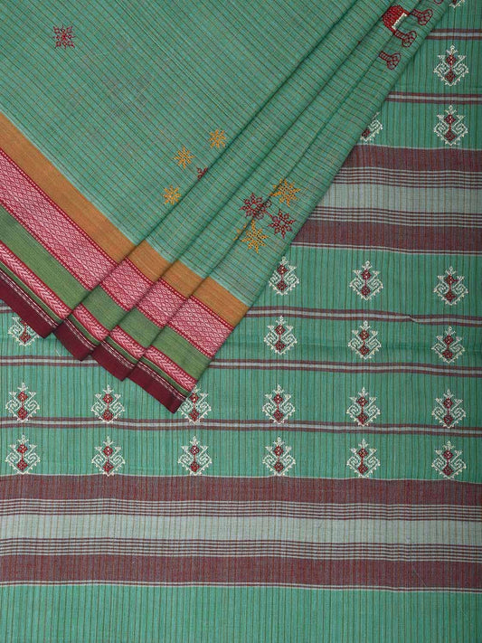 Turquoise Narayanpet Cotton Handloom Saree with Kasuti Work and Checks Design o0649