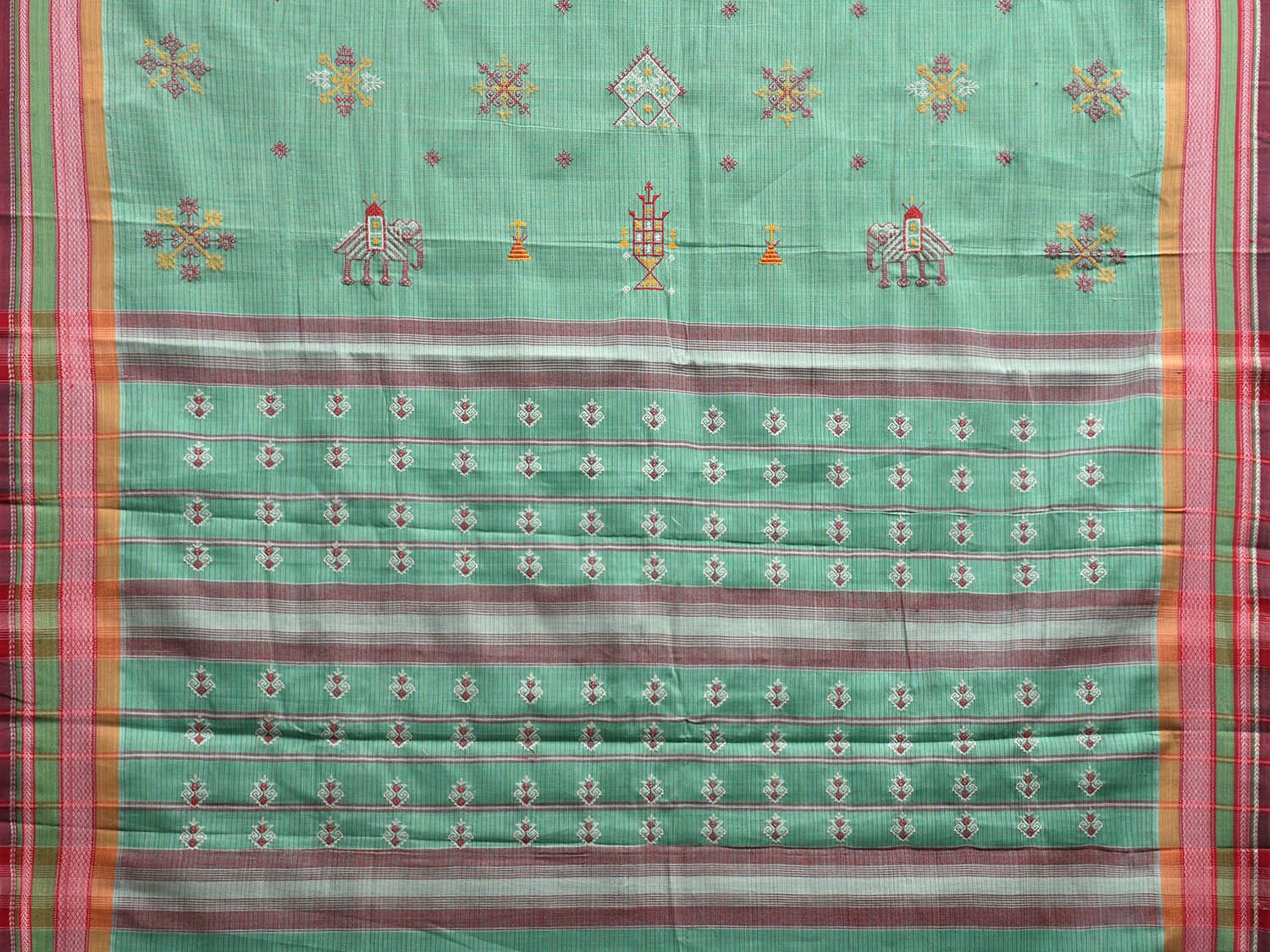 Turquoise Narayanpet Cotton Handloom Saree with Kasuti Work and Checks Design o0649