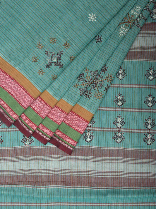 Turquoise Narayanpet Cotton Handloom Saree with Kasuti Work Design o0584