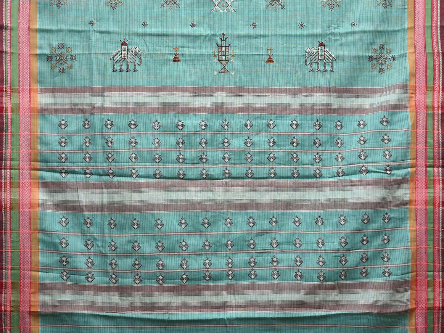 Turquoise Narayanpet Cotton Handloom Saree with Kasuti Work Design o0584