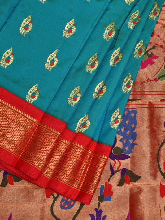 Turquoise Paithani Silk Handloom Saree with Peacocks Pallu Design p0383
