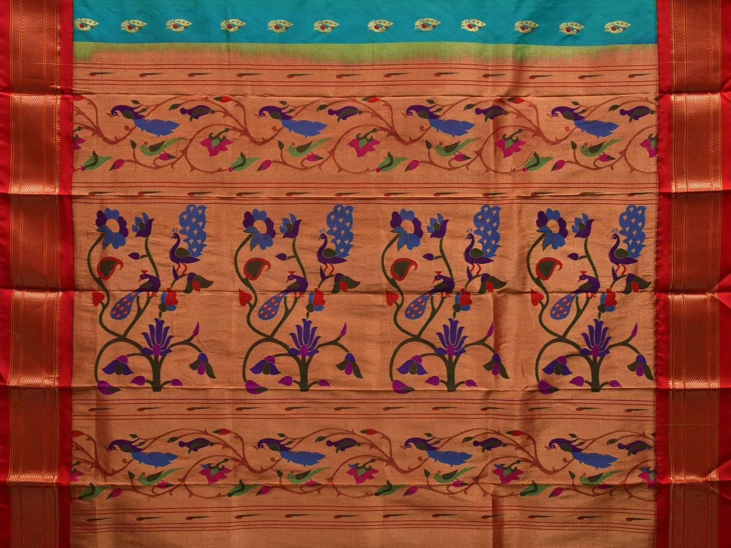 Turquoise Paithani Silk Handloom Saree with Peacocks Pallu Design p0383