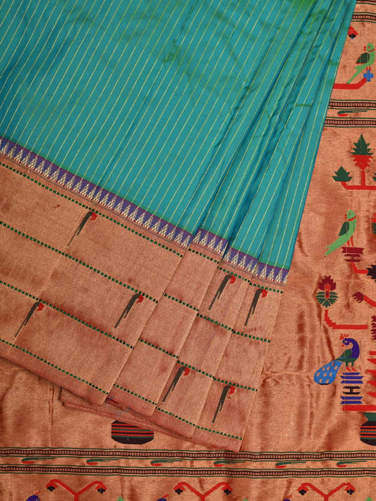 Turquoise Paithani Silk Saree with Strips and Triple Muniya Border Design p0393