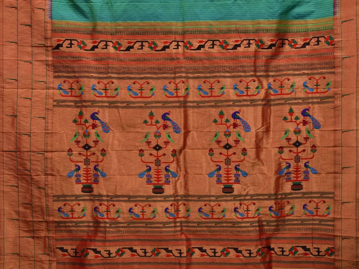 Turquoise Paithani Silk Saree with Strips and Triple Muniya Border Design p0393