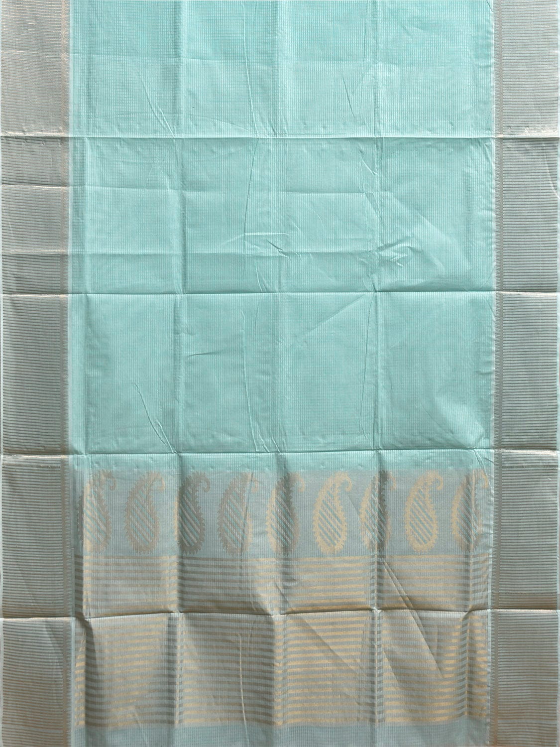 Turquoise Venkatagiri Cotton Saree with Strips and Mango Pallu Design v0127