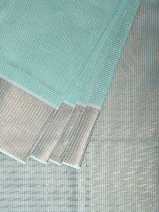 Turquoise Venkatagiri Cotton Saree with Strips and Mango Pallu Design v0127