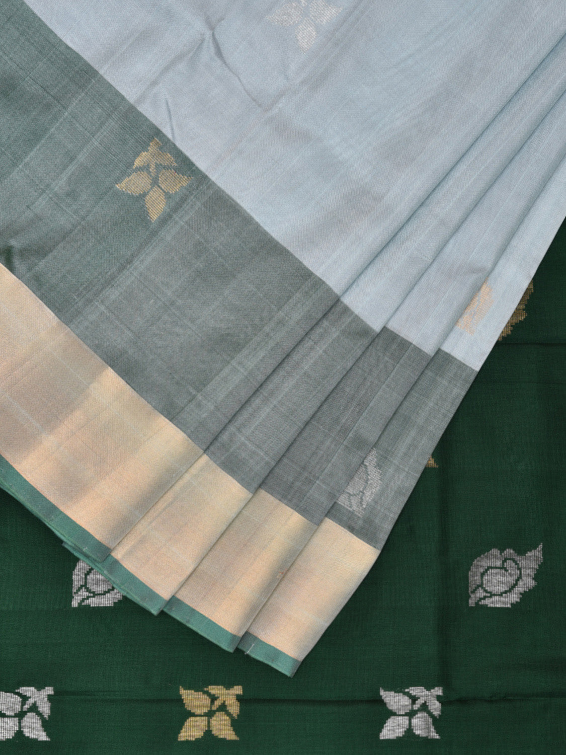 Light Grey and Dark Green Uppada Silk Handloom Saree with Body Buta and Contrast Pallu Design u2268
