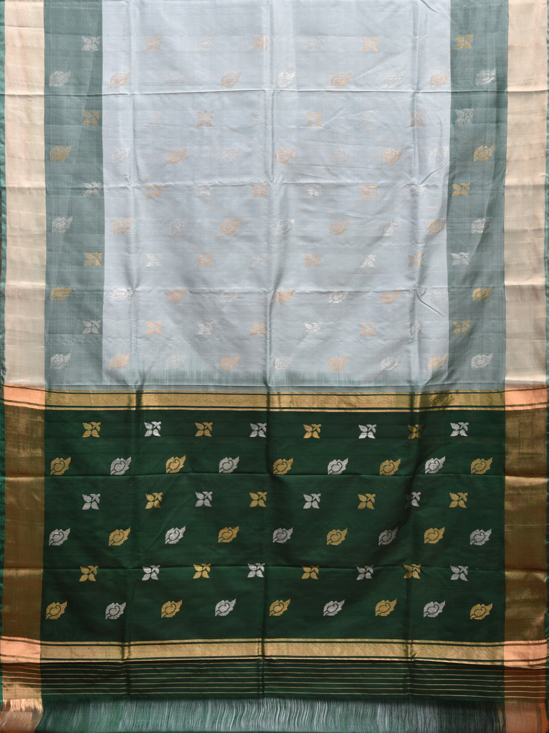 Light Grey and Dark Green Uppada Silk Handloom Saree with Body Buta and Contrast Pallu Design u2268