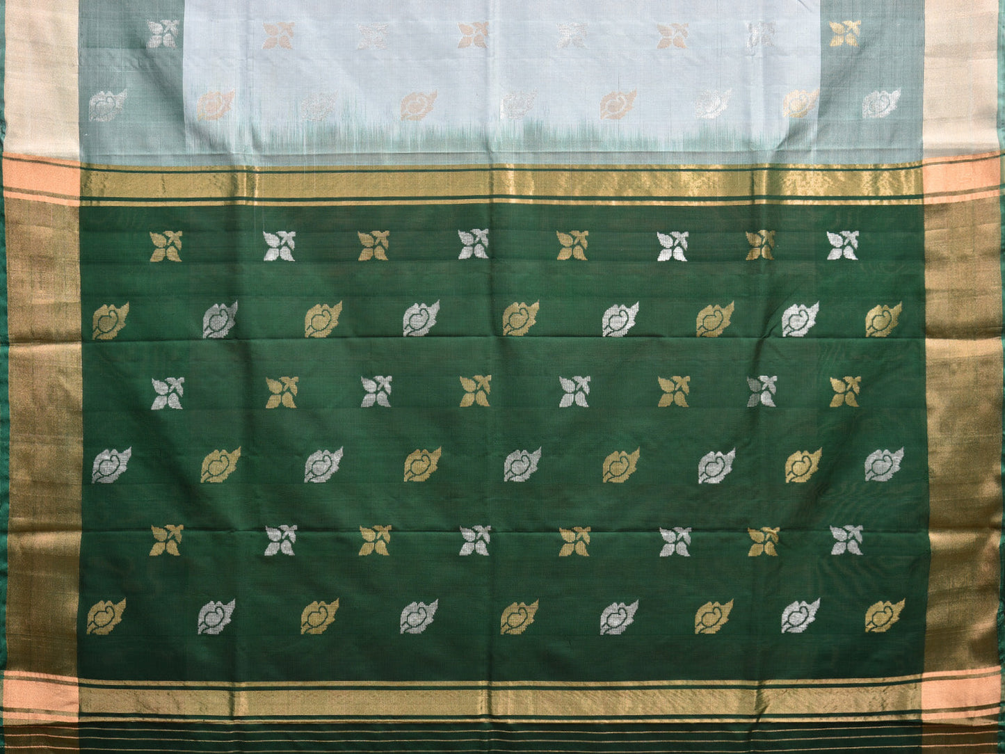 Light Grey and Dark Green Uppada Silk Handloom Saree with Body Buta and Contrast Pallu Design u2268