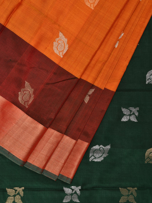 Orange and Dark Green Uppada Silk Handloom Saree with Body Buta and Contrast Pallu Design u2269