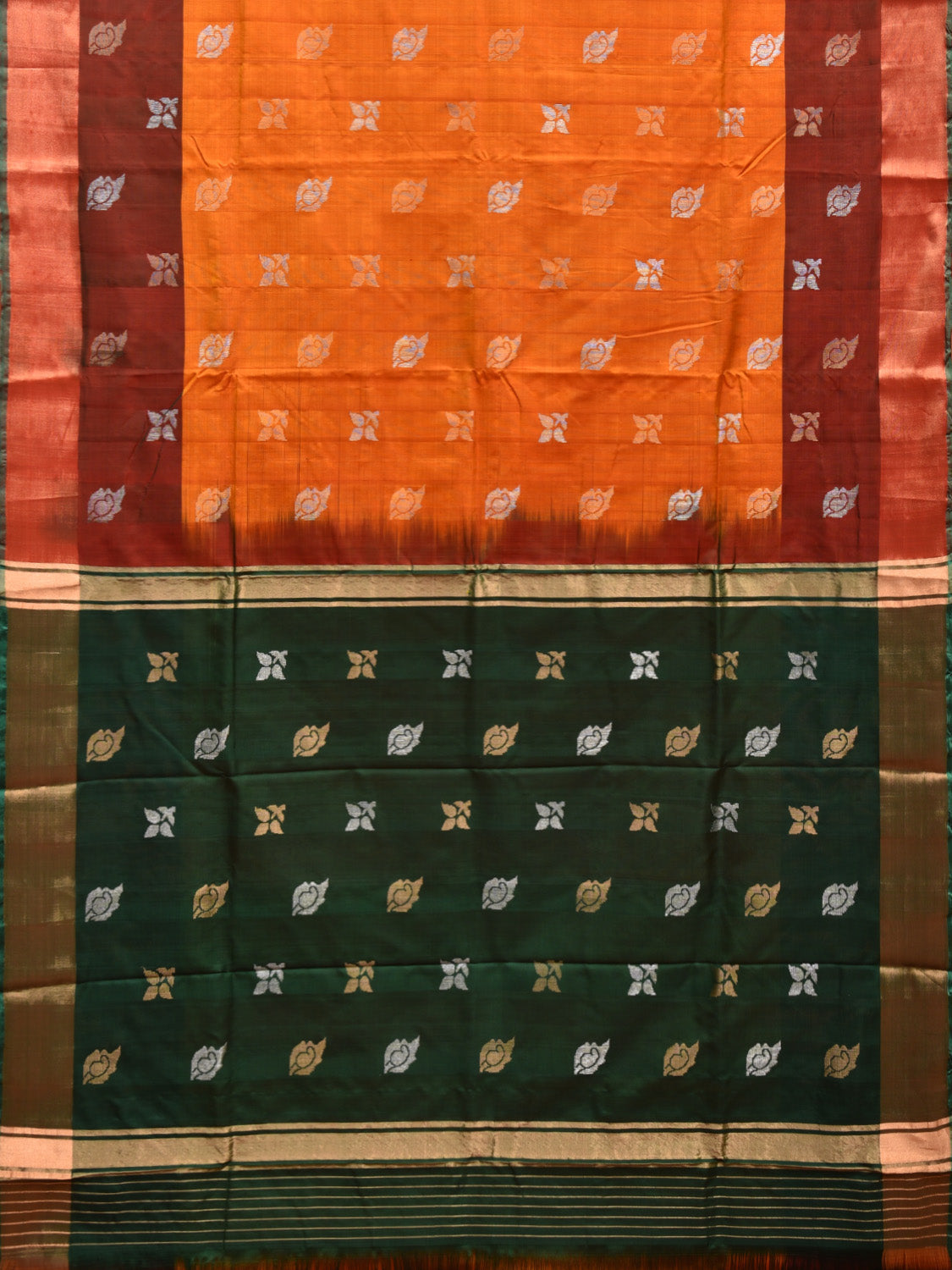 Orange and Dark Green Uppada Silk Handloom Saree with Body Buta and Contrast Pallu Design u2269