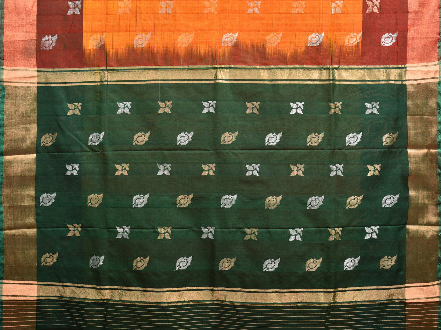 Orange and Dark Green Uppada Silk Handloom Saree with Body Buta and Contrast Pallu Design u2269