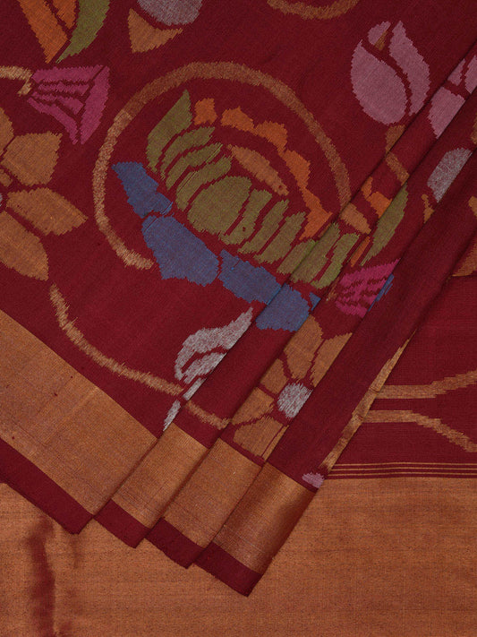 Maroon Uppada Silk Handloom Saree with All Over Lotus Design u2270
