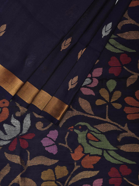 Navy Uppada Silk Handloom Saree with Floral and Birds Pallu Design u2322