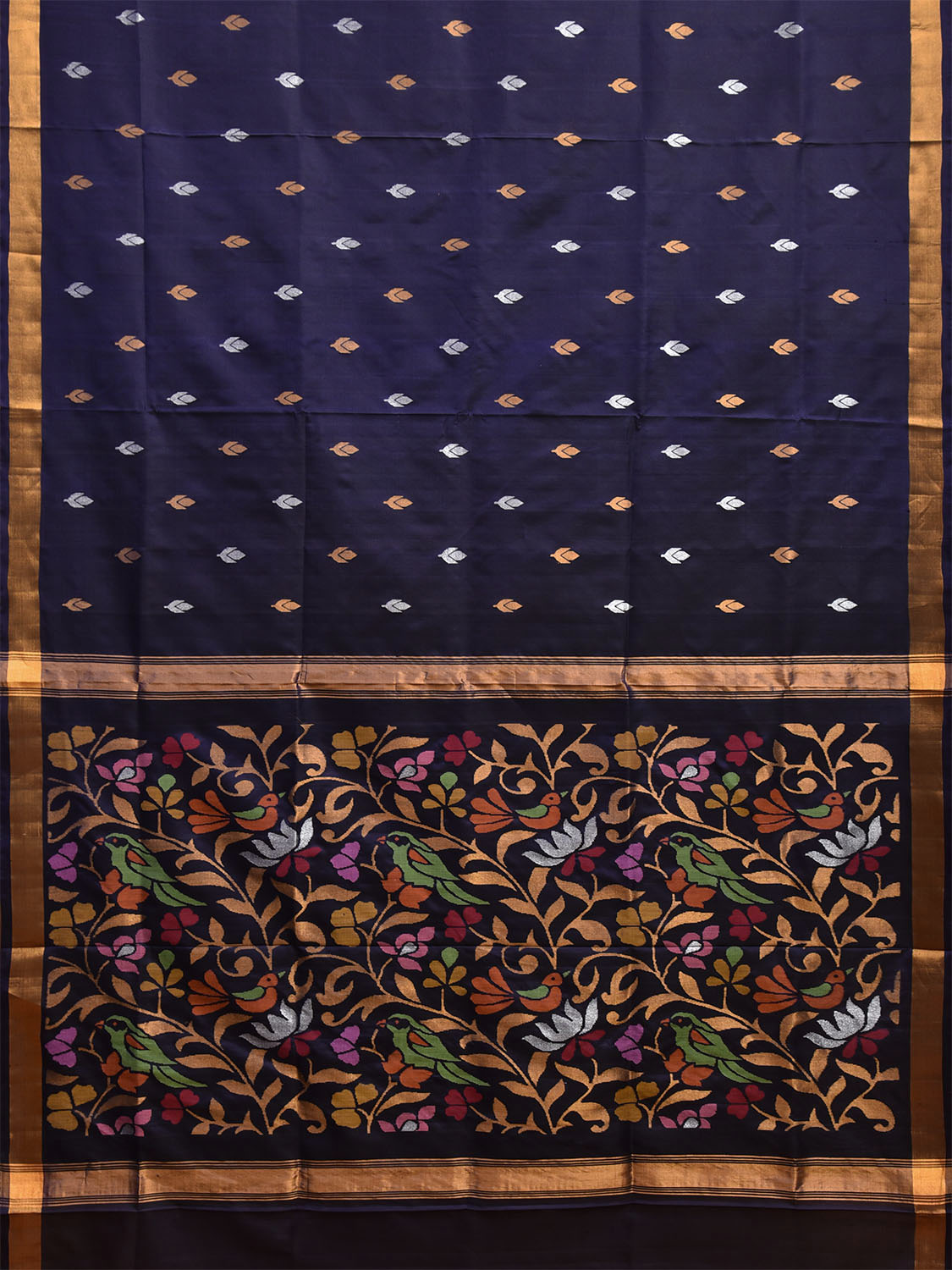 Navy Uppada Silk Handloom Saree with Floral and Birds Pallu Design u2322