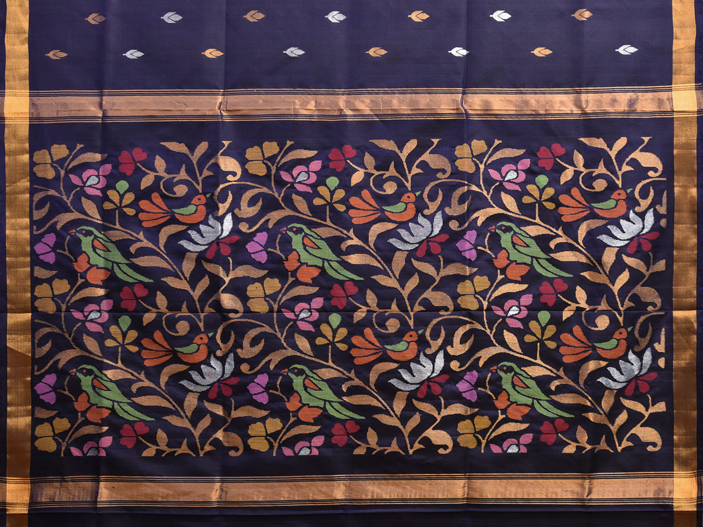 Navy Uppada Silk Handloom Saree with Floral and Birds Pallu Design u2322