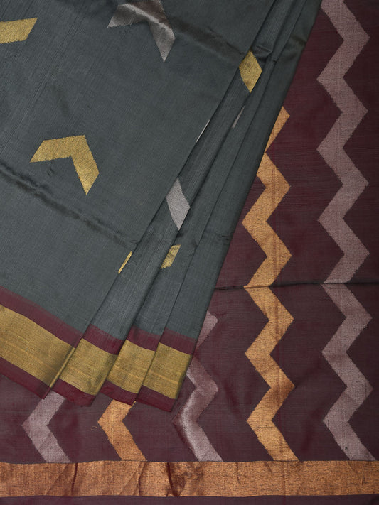Grey and Burgundy Uppada Silk Handloom Saree with Body Buta and Zig-Zag Pallu Design u2379