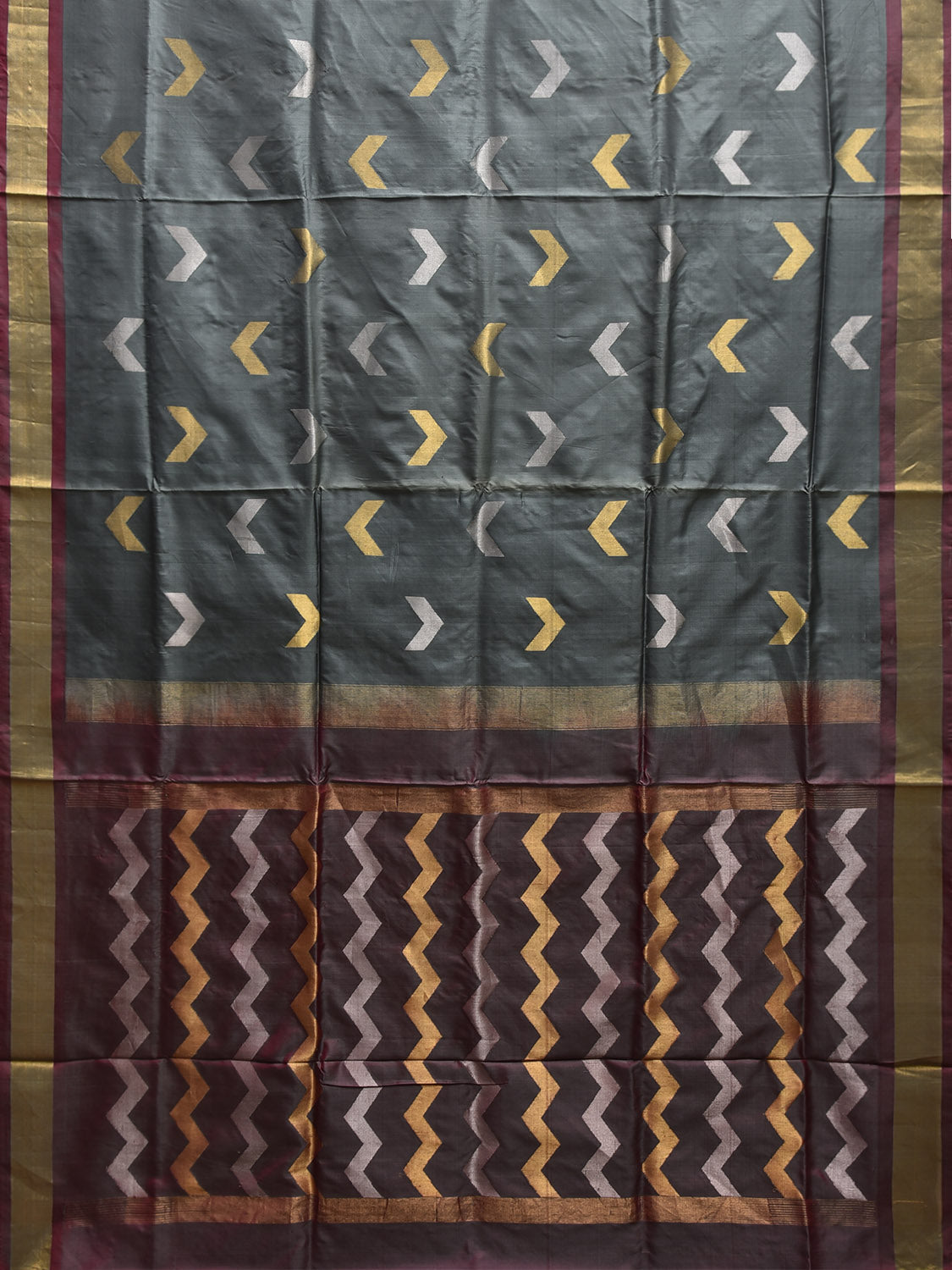 Grey and Burgundy Uppada Silk Handloom Saree with Body Buta and Zig-Zag Pallu Design u2379