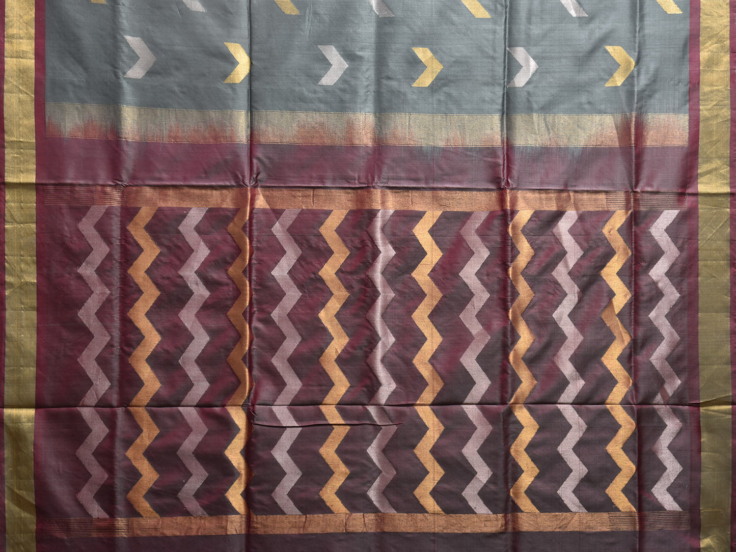 Grey and Burgundy Uppada Silk Handloom Saree with Body Buta and Zig-Zag Pallu Design u2379