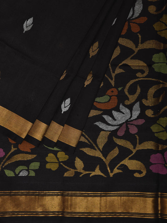 Black Uppada Silk Handloom Saree with Birds and Floral Pallu Design u2386