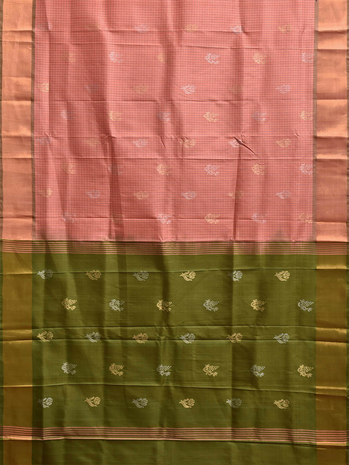 Peach and Olive Uppada Silk Handloom Saree with Checks and Buta Design u2389