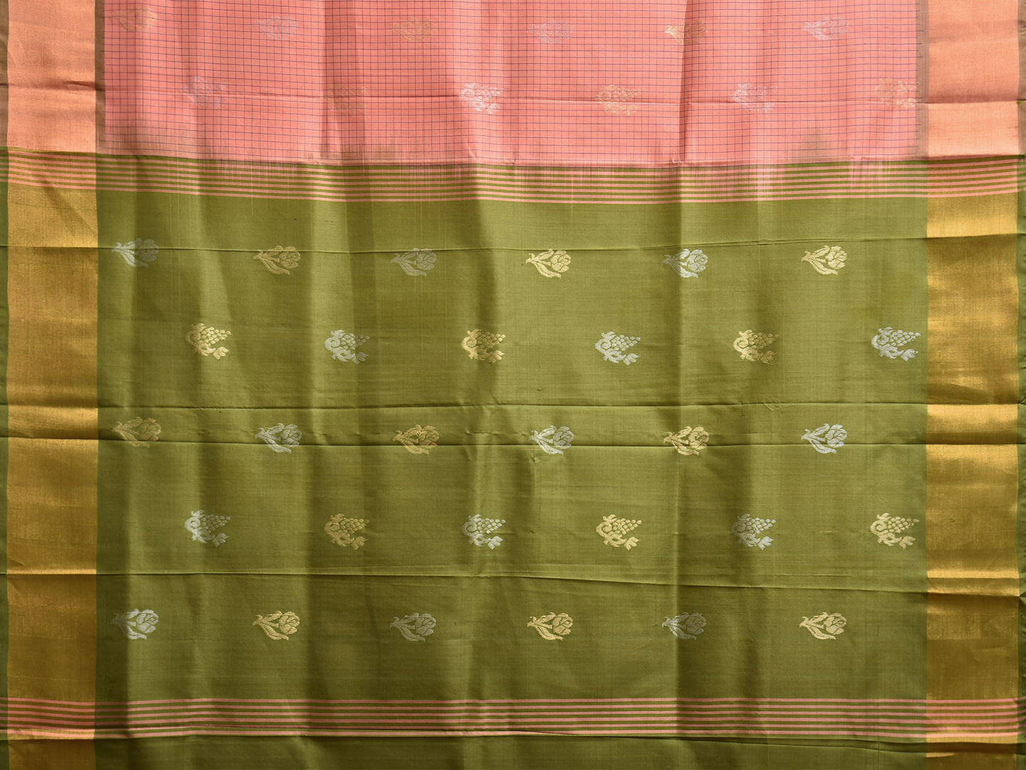 Peach and Olive Uppada Silk Handloom Saree with Checks and Buta Design u2389