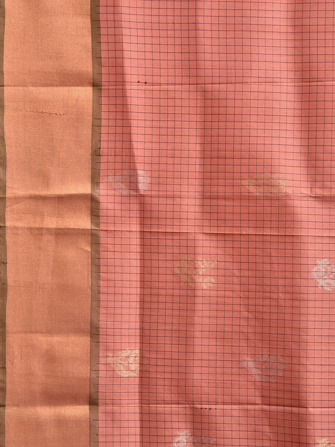 Peach and Olive Uppada Silk Handloom Saree with Checks and Buta Design u2389