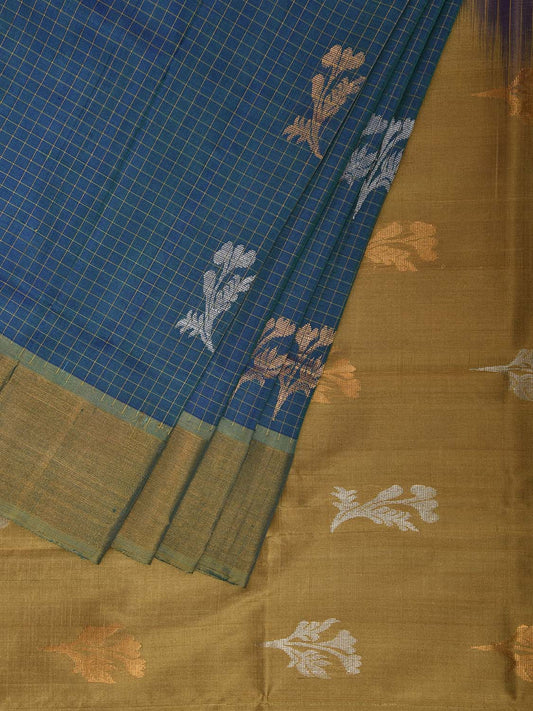 Teal and Light Olive Uppada Silk Handloom Saree with Checks and Buta Design u2392