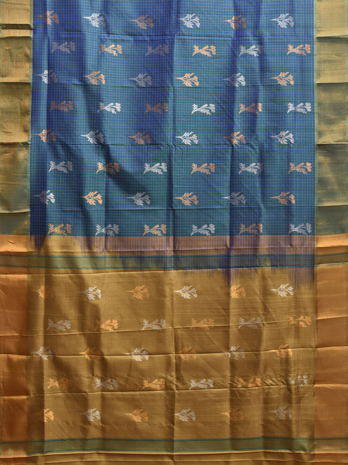 Teal and Light Olive Uppada Silk Handloom Saree with Checks and Buta Design u2392