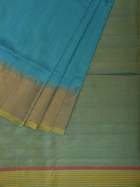 Blue and Sea Green Uppada Silk Handloom Plain Saree with Contrast Pallu Design u2393