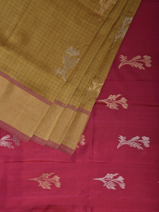 Yellow and Pink Uppada Silk Handloom Saree with Body Buta and Checks Design u2402