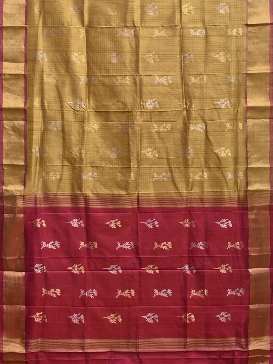Yellow and Pink Uppada Silk Handloom Saree with Body Buta and Checks Design u2402