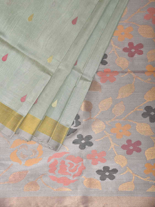 Sea Green and Light Grey Uppada Silk Handloom Saree with Floral Pallu Design u2407
