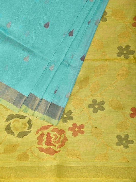 Turquoise and Yellow Uppada Silk Handloom Saree with Floral Pallu Design u2416