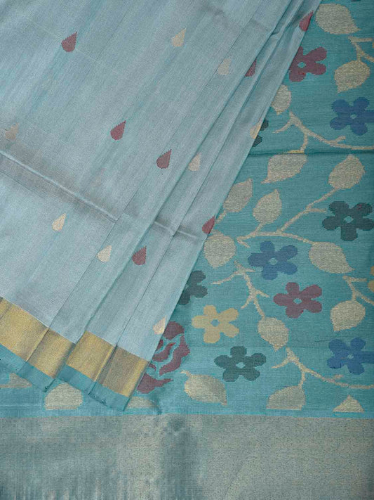 Sea Blue and Light Blue Uppada Silk Handloom Saree with Floral Pallu Design u2417