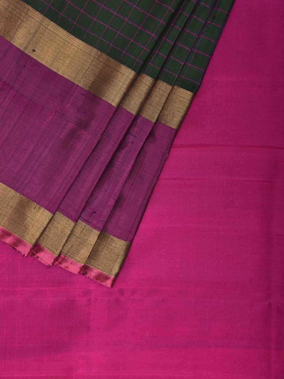 Dark Green and Pink Uppada Silk Handloom Saree with Checks and Contrast Pallu Design u2418