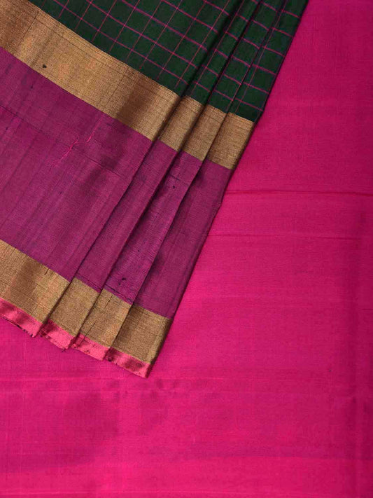 Dark Green and Pink Uppada Silk Handloom Saree with Checks and Contrast Pallu Design u2418