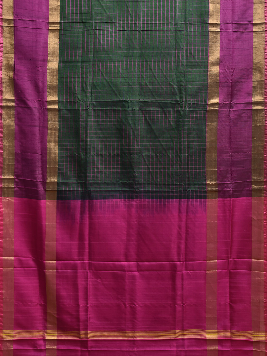 Dark Green and Pink Uppada Silk Handloom Saree with Checks and Contrast Pallu Design u2418