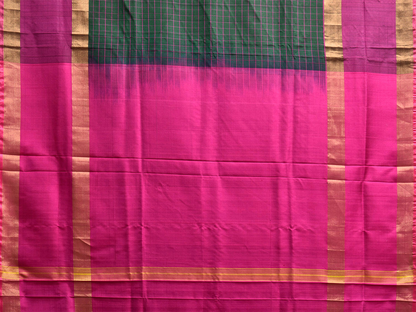 Dark Green and Pink Uppada Silk Handloom Saree with Checks and Contrast Pallu Design u2418