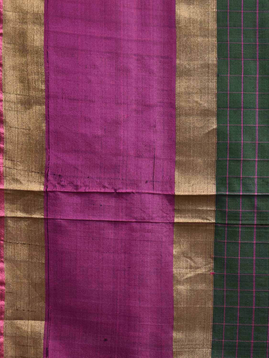 Dark Green and Pink Uppada Silk Handloom Saree with Checks and Contrast Pallu Design u2418