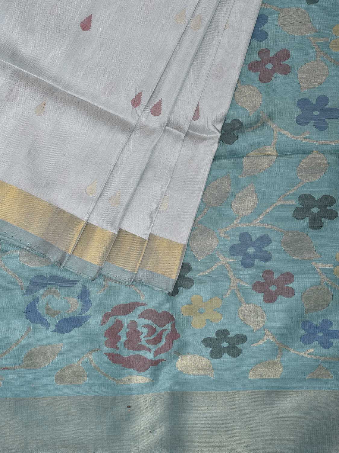 Light Grey and Light Blue Uppada Silk Handloom Saree with Floral Pallu Design u2419