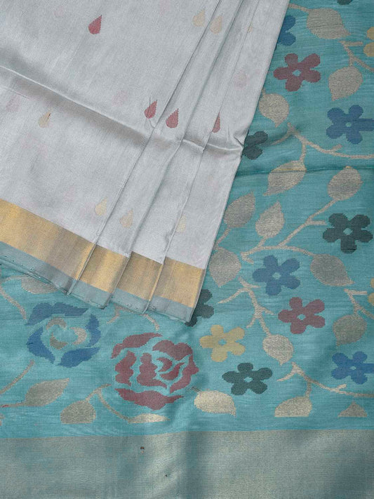 Light Grey and Light Blue Uppada Silk Handloom Saree with Floral Pallu Design u2419