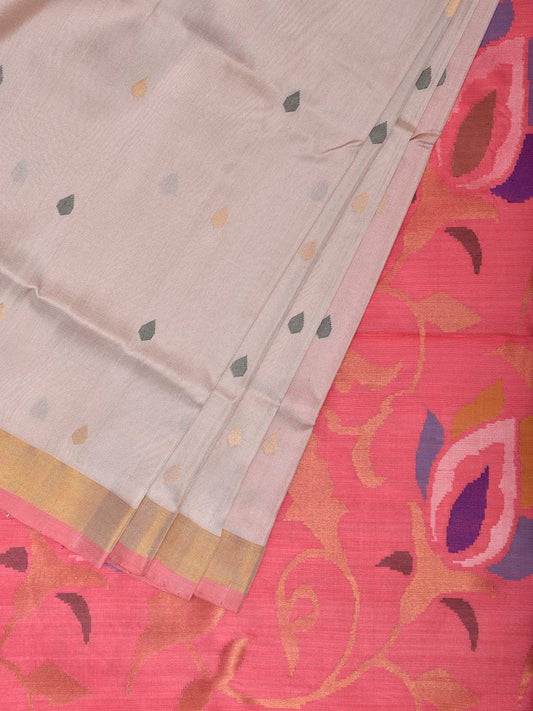 White and Baby Pink Uppada Silk Handloom Saree with Floral Pallu Design u2421