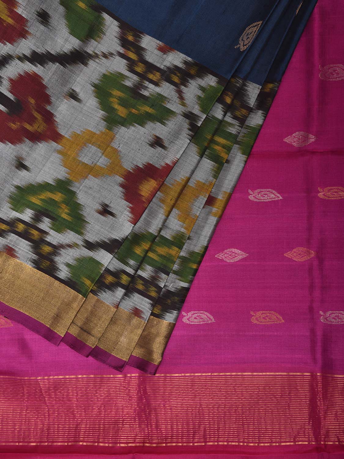 Teal and Pink Uppada Silk Handloom Saree with One Side Ikat Border Design u2428