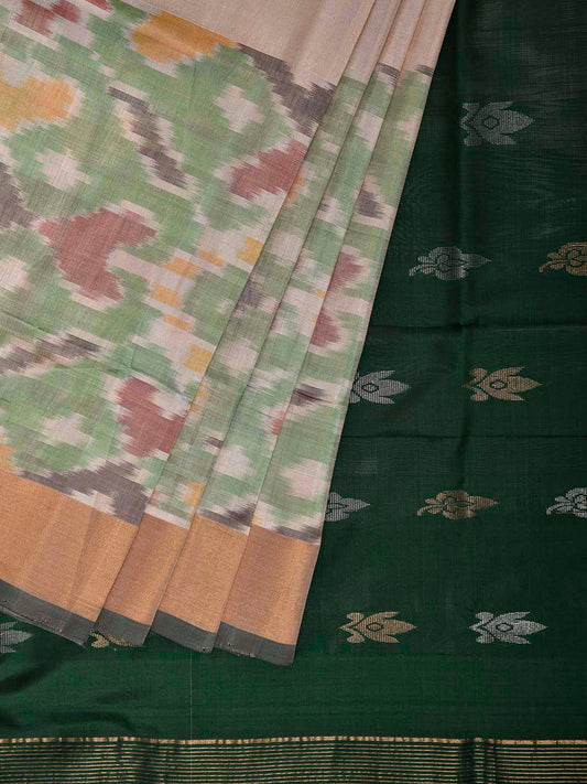 Beige and Dark Green Uppada Silk Handloom Saree with One Side Ikat Border Design u2430